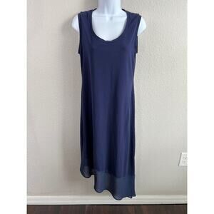 Tommy Bahama Midi Dress Women's S Navy Blue Jersey Knit Asymmetrical Chiffon